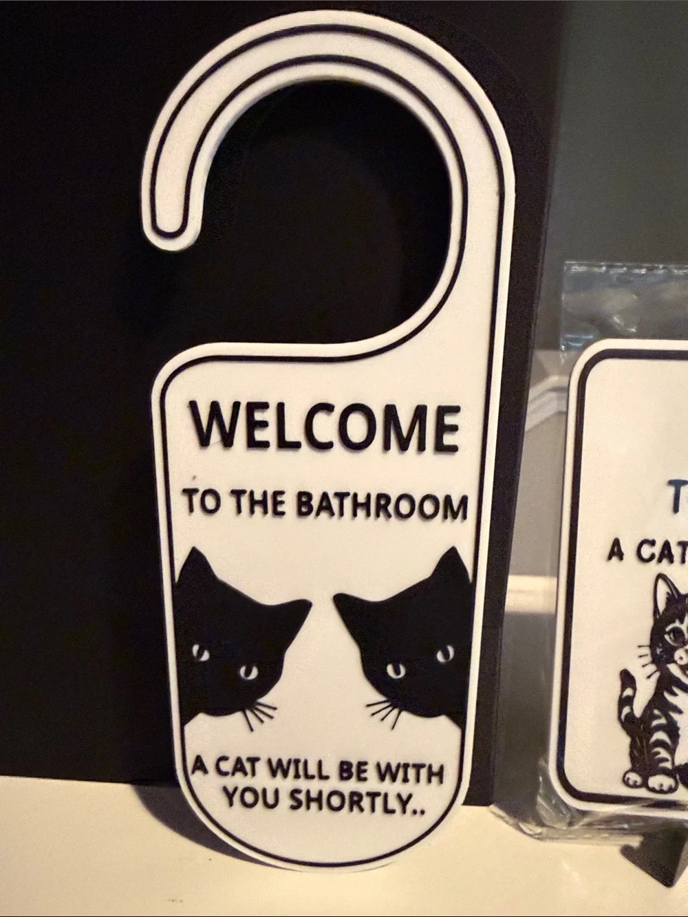 Welcome to the Bathroom - Black & White Cat Door Hanger and Sign